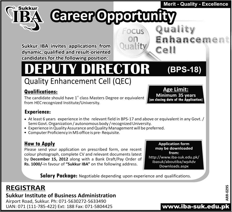 Sukkur Institute of Business Administration (IBA) Requires Deputy Director