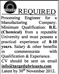 Target (A Lubricant Manufacturing Company) Requires Processing Engineer