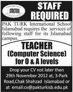 Pak Turk International School Islamabad Requires Computer Science Teacher