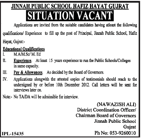Jinnah Public School Gujrat Requires Principal