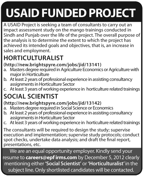 USAID Project Jobs for Consultant Horticulturalist & Consultant Social Scientist