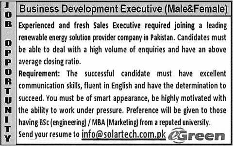 Solar Tech (Renewable Energy Solutions Provider Company) Requires Business Development Executives