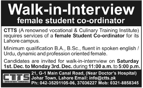 Female Student Coordinator Required at CTTS