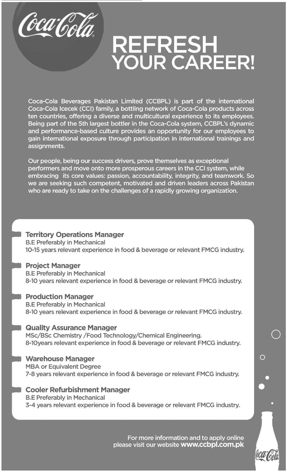Coca-Cola Beverages Pakistan Limited Jobs 2012 for Managers