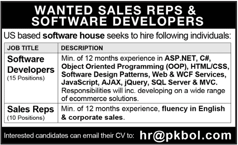 Software Developers & Sales Representatives Jobs in US based Software House PKBOL