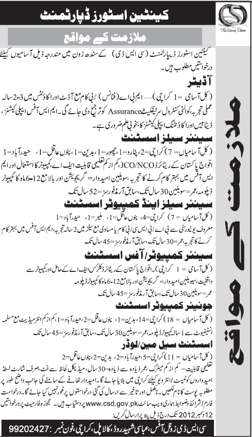 Canteen Stores Department CSD Jobs 2012 for Sindh Zone