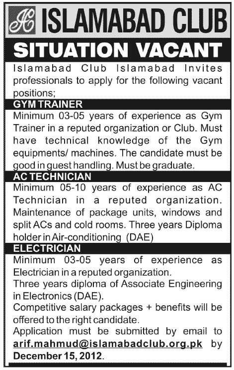 Islamabad Club Jobs 2012 for Gym Trainer, AC Technician & Electrician