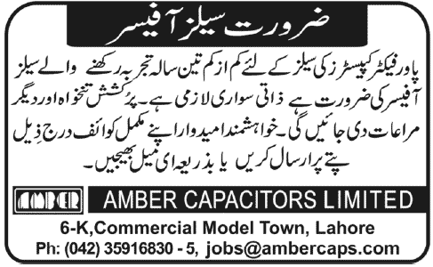Sales Officer Job at Amber Capacitors Limited
