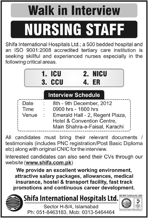 Shifa International Hospital Islamabad Jobs 2012 for Nursing Staff