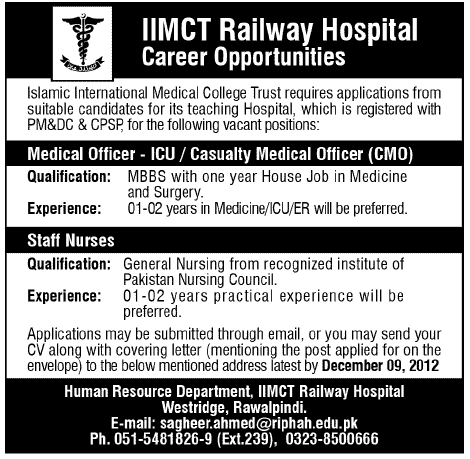IIMCT Railway Hospital Rawalpindi Jobs for Medical Officer & Staff Nurses