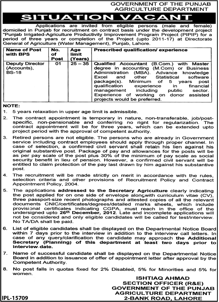 Punjab Agriculture Department Job 2012 for Deputy Director Accounts in PIPIP
