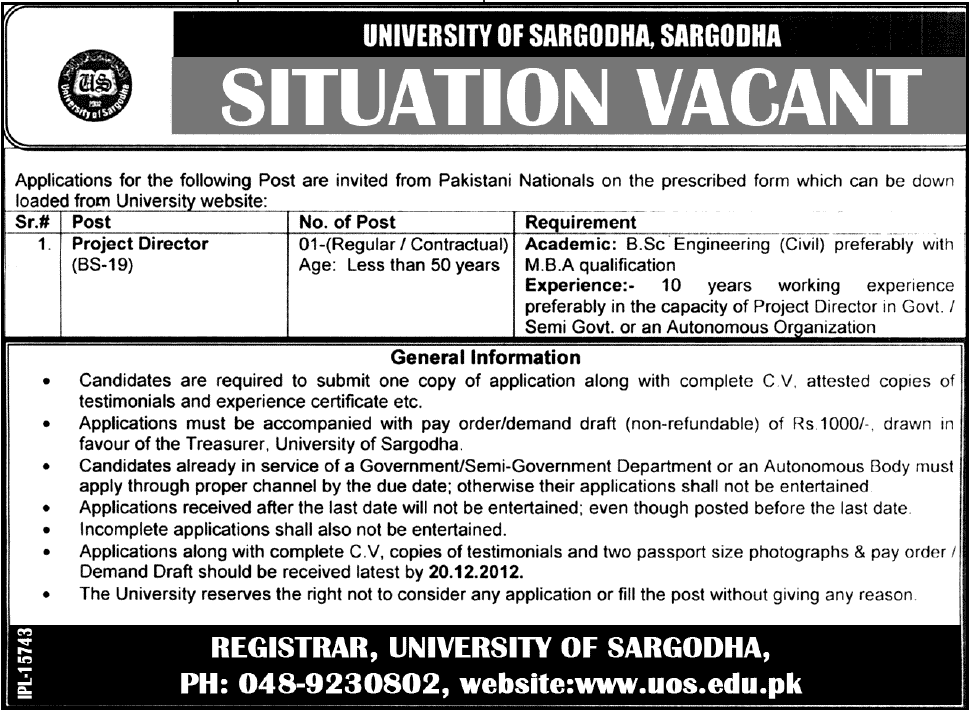 Project Director Vacancy in University of Sargodha