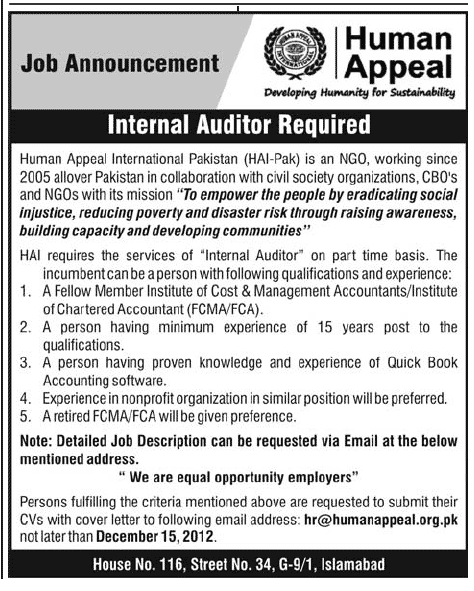 Human Appeal International Pakistan HAI-Pak NGO Job for Internal Auditor
