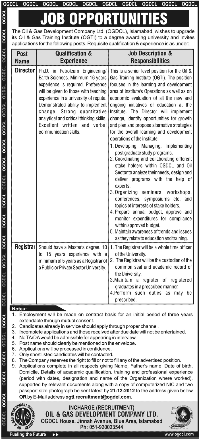 OGDCL's Oil & Gas Training Institute (OGTI) Islamabad Requires Director & Registrar