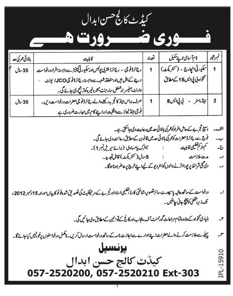 Security Incharge & Band Master Jobs at Cadet College Hasan Abdal 2012