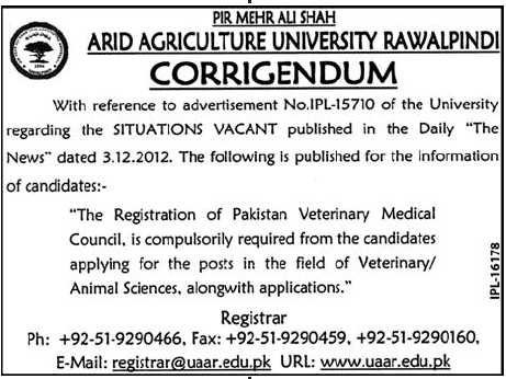 Corrigendum - Arid Agriculture University Rawalpindi Jobs 2012 December UAAR