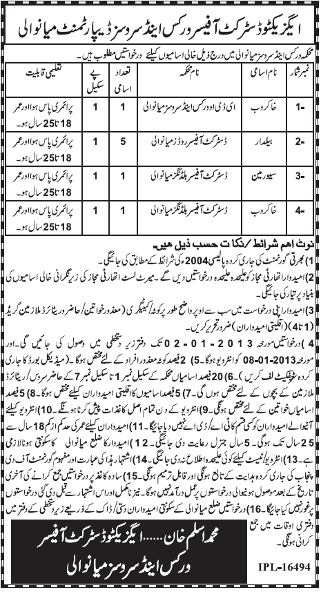 Works & Services Department Mianwali Jobs for Khakroob, Baildar & Sewer-Man