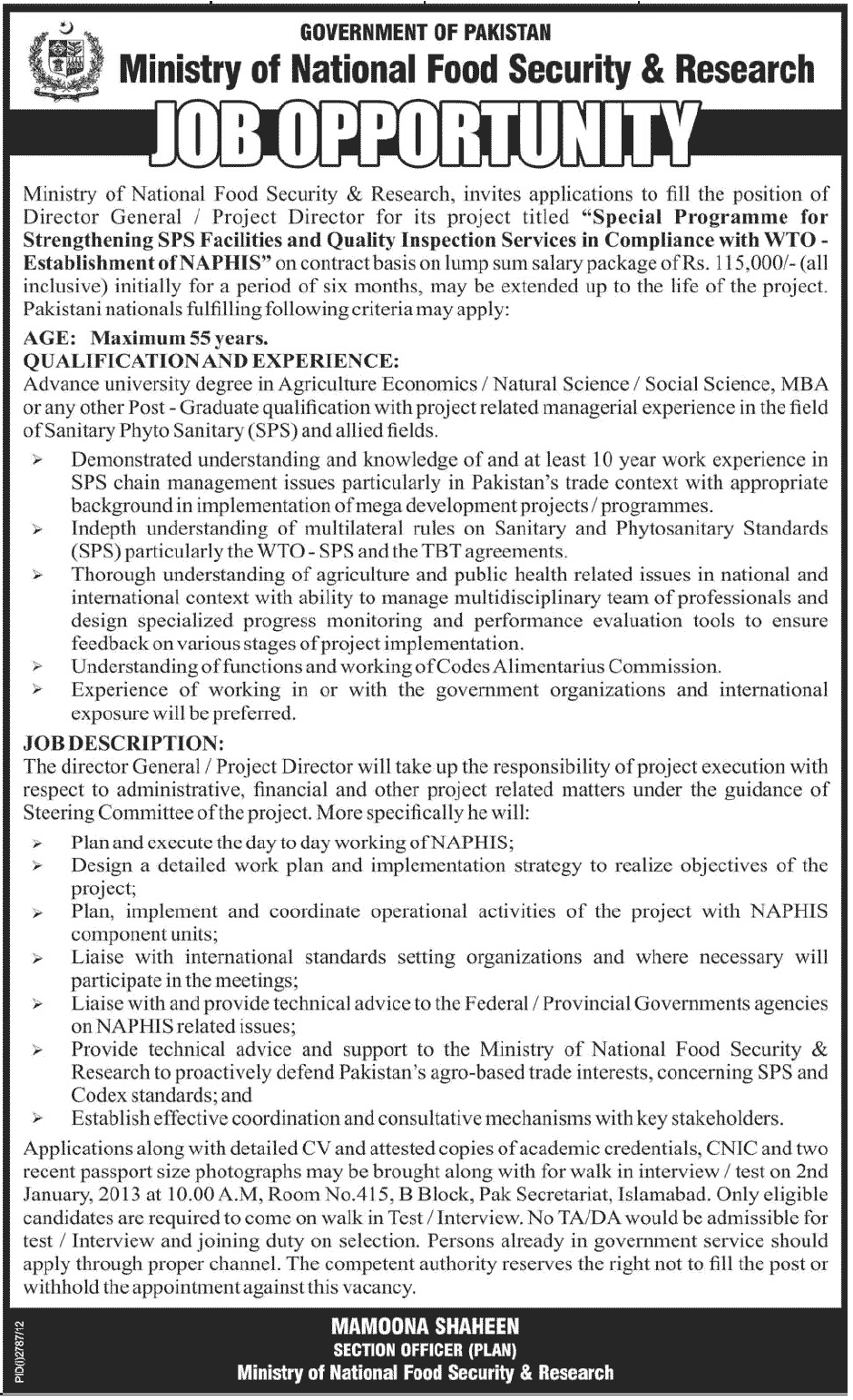 Director General / Project Director Job at Ministry of National Food Security & Research