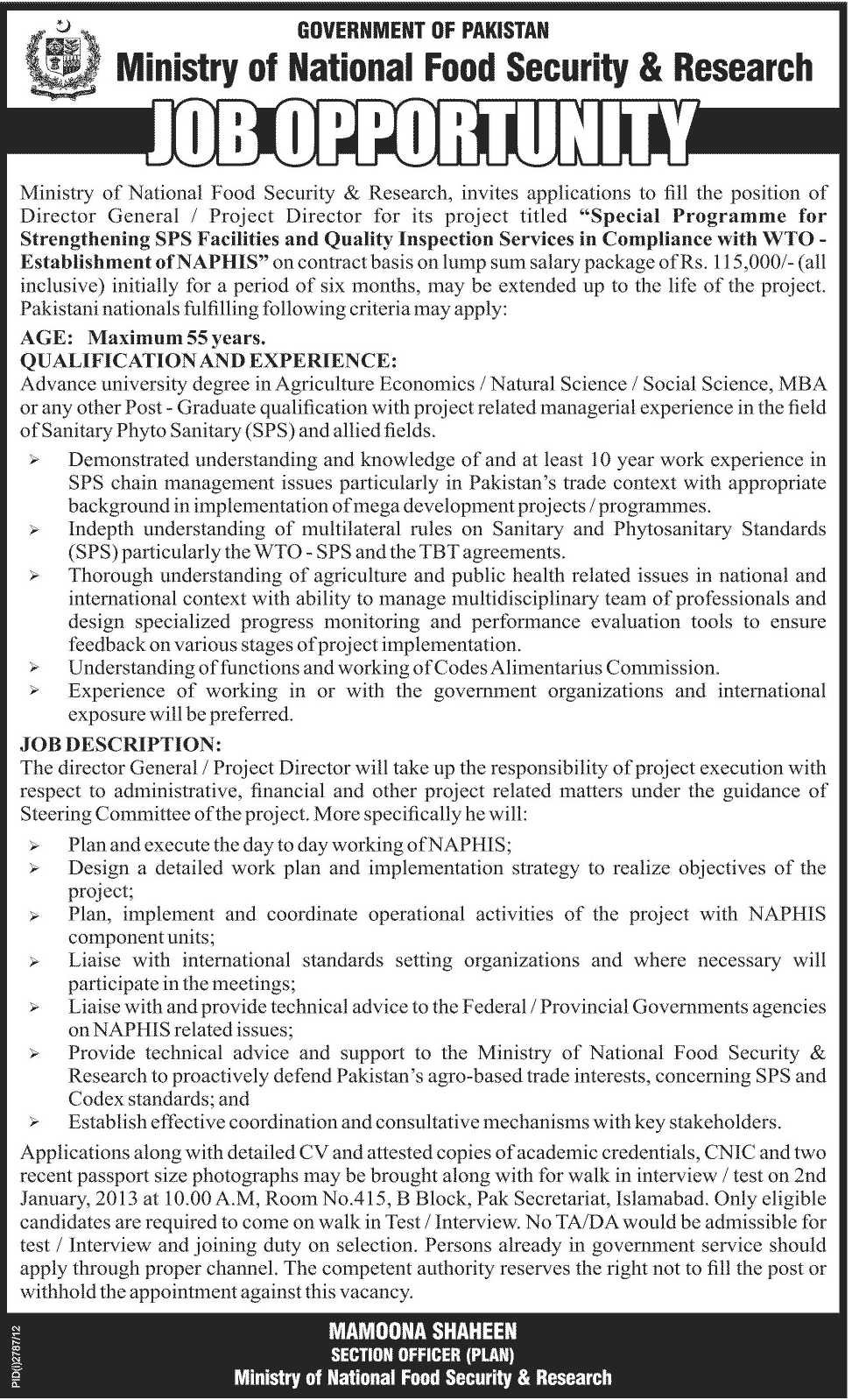 Ministry of National Food Security & Research Government of Pakistan Job for DG