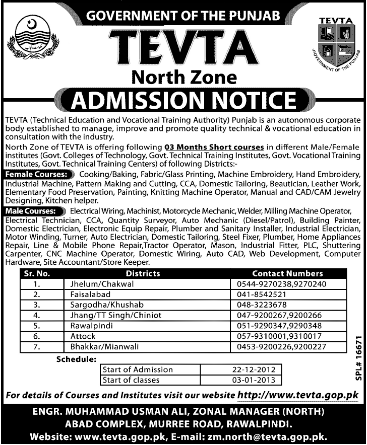TEVTA Punjab North Zone Invites Applications for Short Courses & Training