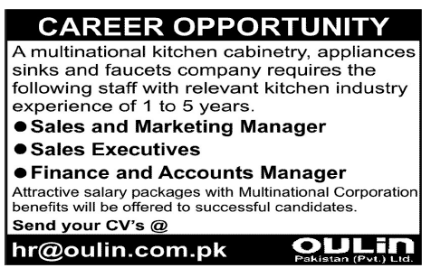 Oulin Pakistan (Pvt.) Ltd. Requires Managers & Executives