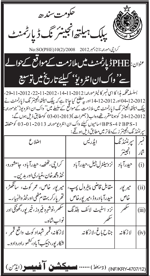 PHE Department Sindh Extends the Date for Walk in Interviews 2012-2013
