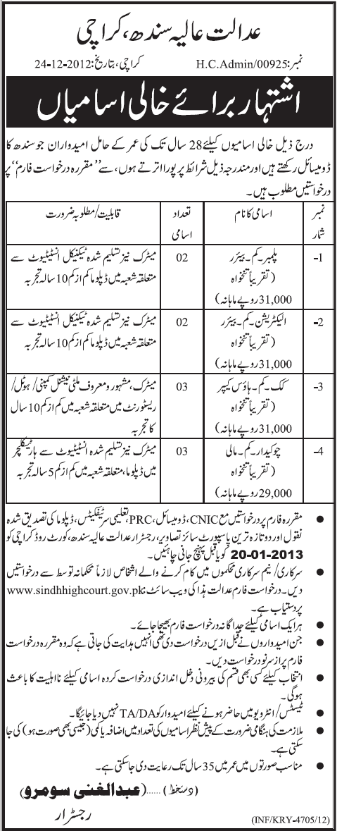 Sindh High Court Karachi Jobs 2012-2013 December Plumber, Electrician, Cook & Chowkidar