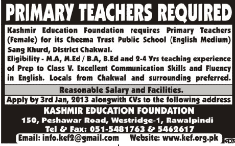 Kashmir Education Foundation Requires Female Primary Teachers