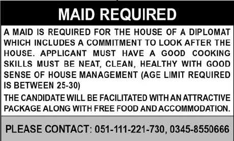 A Maid is Required for the House of a Diplomat