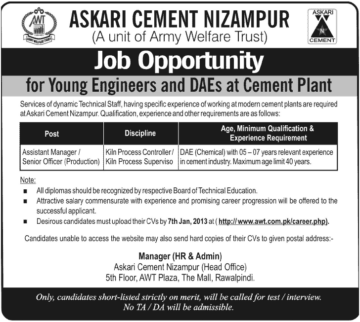 Askari Cement Nizampur Jobs 2013 2012 for Assistant Manager / Senior Officer Production
