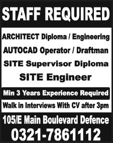 Architect, AutoCAD Operator, Site Supervisor & Site Engineer Jobs in Lahore