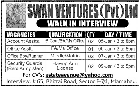 Swan Ventures (Pvt.) Ltd. Jobs for Account & Office Assistants, Office Boy and Security Guard