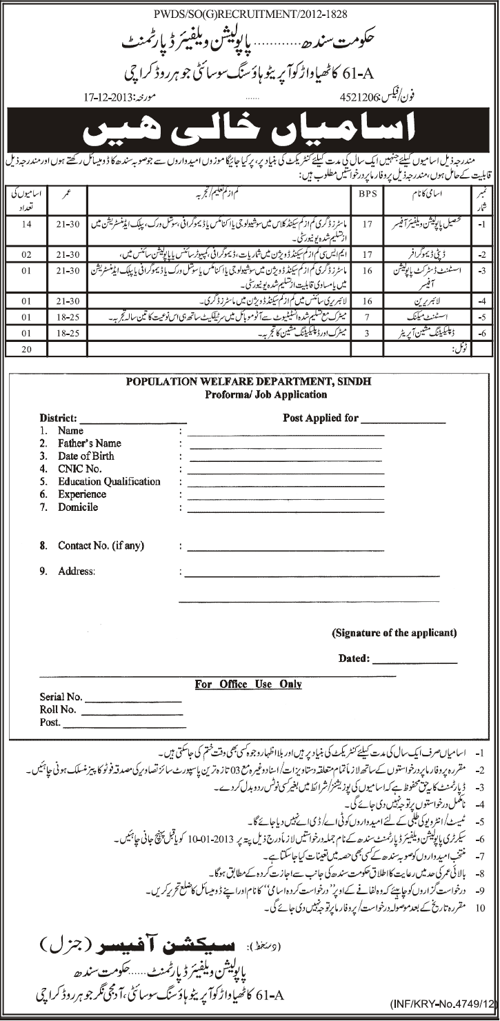 Population Welfare Department Sindh Jobs 2013 Proforma Application Form
