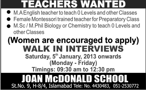Joan McDonald School Islamabad Jobs for Teachers