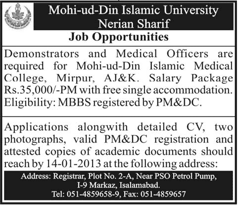 Mohi-ud-Din Islamic Medical College Mirpur AJK Jobs for Demonstrators & Medical Officers