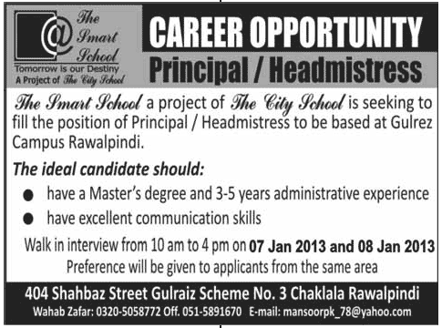 The Smart School Rawalpindi Requires Principal / Headmistress