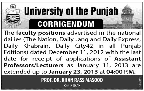 Corrigendum: Assistant Professors / Lecturers Vacancies in Punjab University Lahore