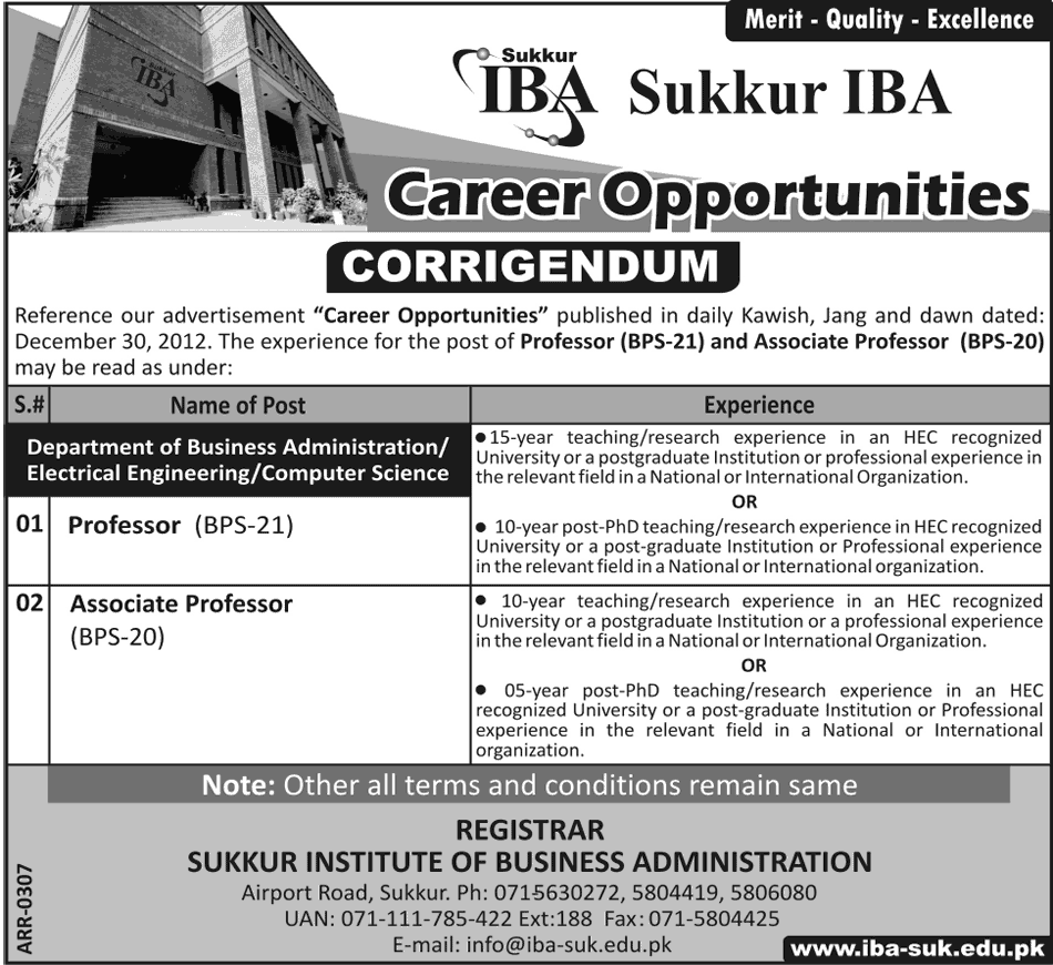 Corrigendum: Sukkur Institute of Business Administration (IBA) Jobs