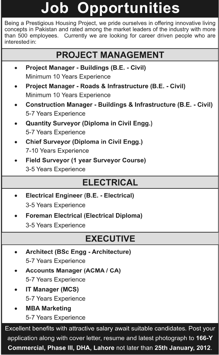 Project Management, Electrical & Executive Jobs 2013 at a Housing Project