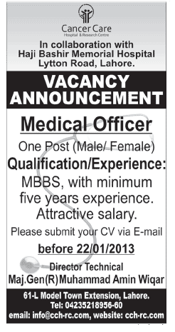 Medical Officer Job 2013 at Cancer Care Hospital & Research Centre Lahore