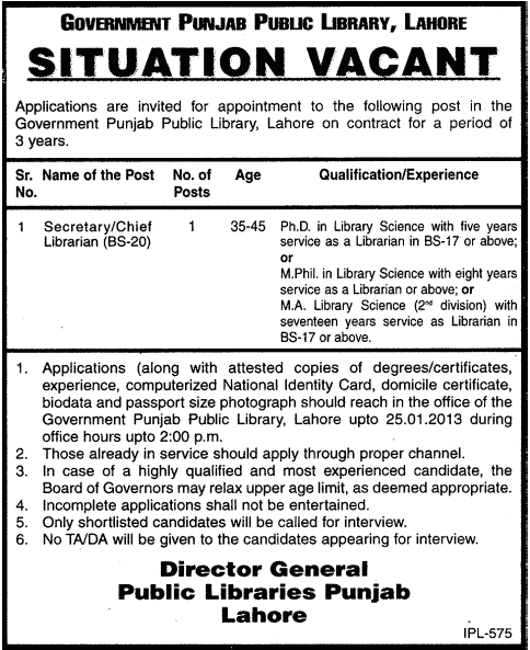 Government Punjab Public Library Lahore Job 2013 for Secretary / Chief Librarian
