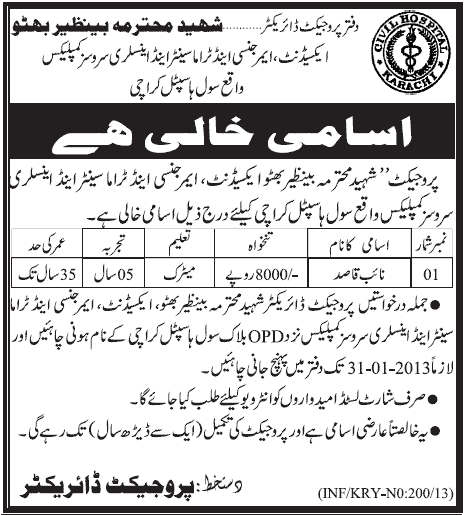 Civil Hospital Karachi Job 2013 for Naib Qasid