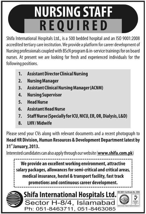 Shifa International Hospital Islamabad Jobs 2013 Nursing Staff Latest