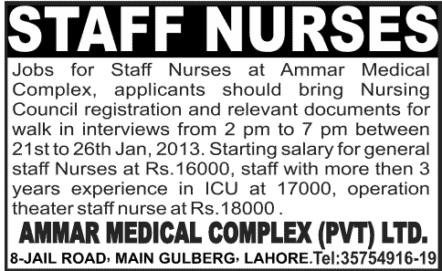 Staff Nurses Jobs in Lahore 2013 at Ammar Medical Complex