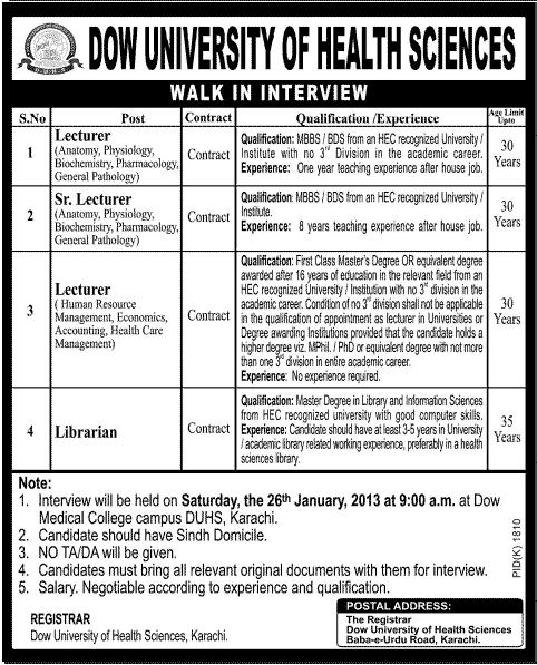 Dow University of Health Sciences Karachi Jobs 2013 Faculty/Lecturers & Librarian