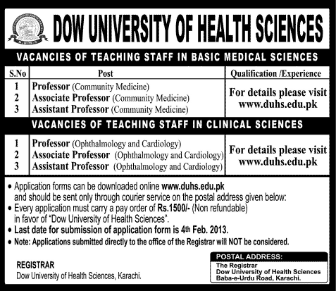 Dow University of Health Sciences Karachi Jobs 2013 Associate/Assistant Professors in Faculty