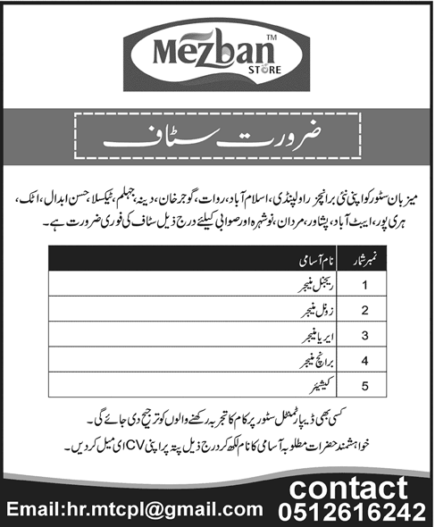 Mezban Store Jobs 2013 in KPK & Punjab for Managers & Cashiers