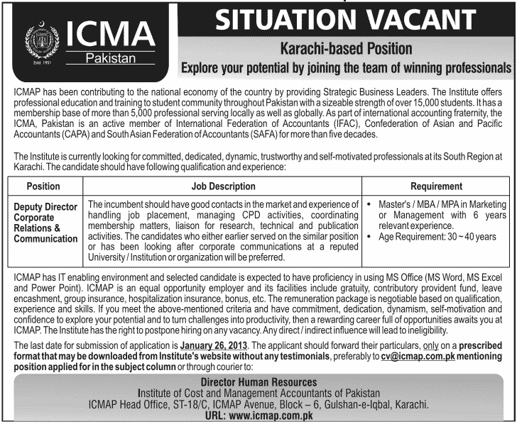 Institute of Cost & Management Accountants of Pakistan Job for Deputy Director Corporate Relations & Communication
