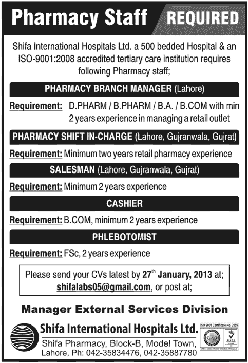 Jobs at Shifa International Hospitals 2013 for Pharmacy Staff