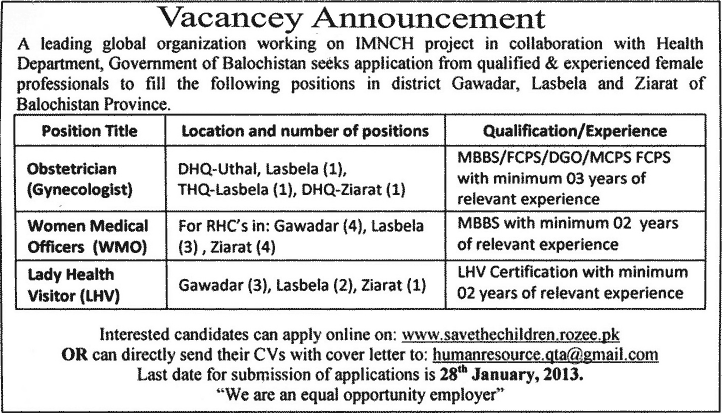 IMNCH Project Balochistan Jobs for Obstetrician, Medical Officers & Lady Health Visitors